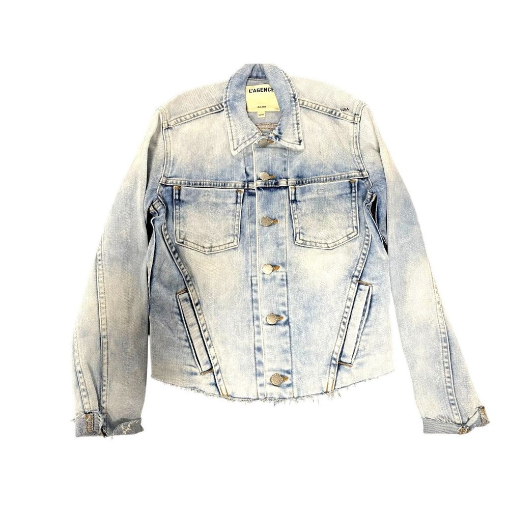 L’Agence Janelle Cropped Denim Jacket Fray Hems in Marble Wash size XS